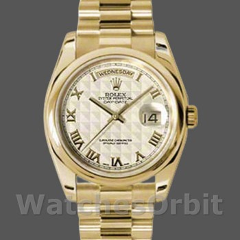 Replica Rolex Day-Date 118208 Gelbgold Römische Ziffer Pyramide Elfenbein Zifferblatt 36mm Unisex Replica Uhr
