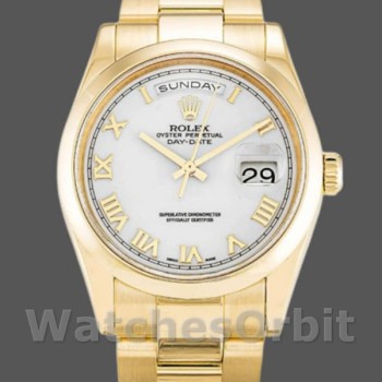 Replica Rolex Day-Date 118208 Gelbgold Weißes Zifferblatt Römische Ziffern 36mm Unisex Replica Uhr