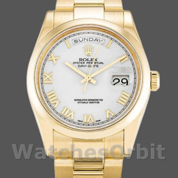 Replica Rolex Day-Date 118208 Gelbgold Weißes Zifferblatt Römische Ziffern 36mm Unisex Replica Uhr, Nachbau, Präzise Verarbeitung