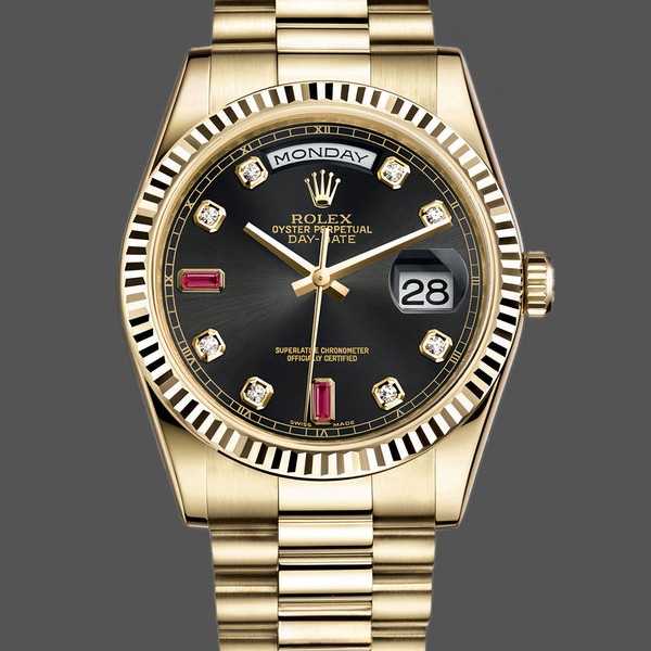 Replica Rolex Day Date 118238 Black Diamond Dial Fluted Bezel 36mm Herren Replica Uhr, Replika Uhren, Elegantes Design