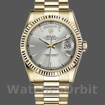 Replica Rolex Day-Date 118238 Silber Zifferblatt Geriffelte Lünette 36mm Unisex Replica Uhr