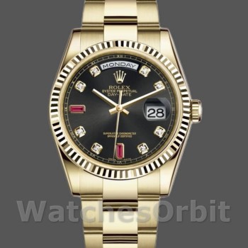 Replica Rolex Day Date 118238 Gelbgold Schwarzes Diamant-Zifferblatt Geriffelte Lünette 36mm Herren Replica Uhr
