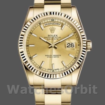 Replica Rolex Day-Date 118238 Gelbgold geriffelte Lünette Champagner Zifferblatt 36mm Unisex Replica Uhr
