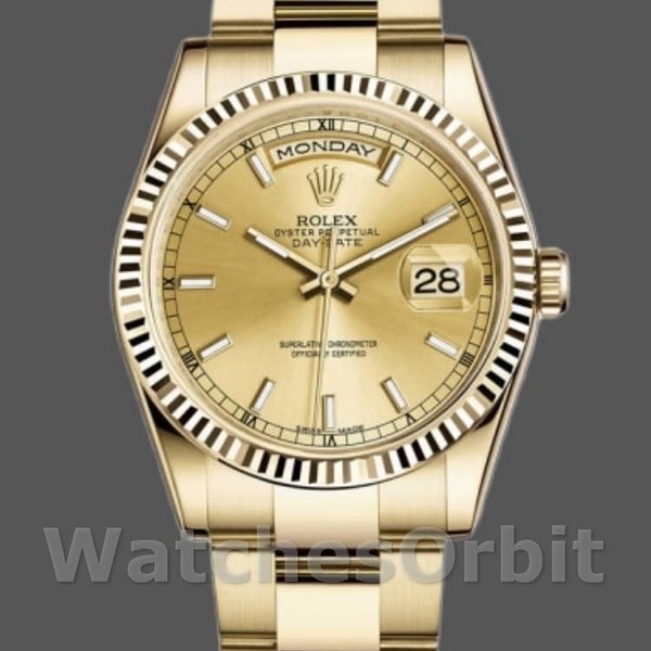 Replica Rolex Day-Date 118238 Gelbgold geriffelte Lünette Champagner Zifferblatt 36mm Unisex Replica Uhr, Replik, Hochwertige Nachbildung