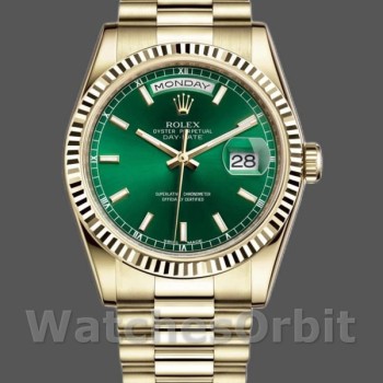 Replica Rolex Day-Date 118238 Gelbgold geriffelte Lünette grünes Zifferblatt 36mm Unisex Uhr Replica