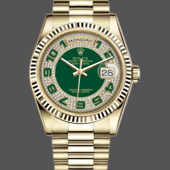 Replica Rolex Day-Date 118238 Gelbgold Grünes Diamant-Pave-Zifferblatt 36mm Unisex Replica Uhr