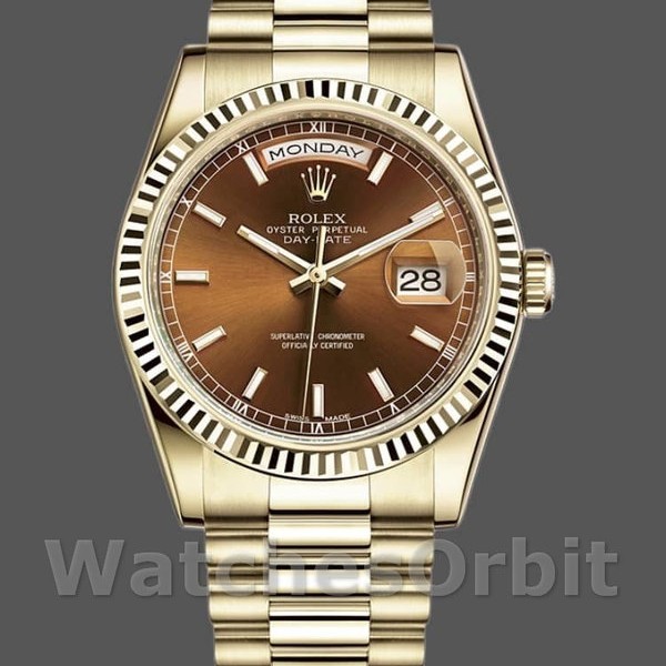 Replica Rolex Day-Date 118238 Gelbgold Index Cognac Zifferblatt 36mm Unisex Replica Uhr, Imitat, Klassisches Design