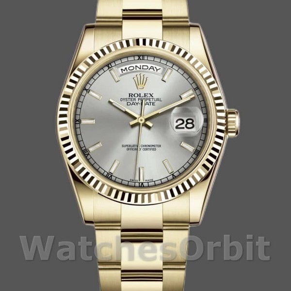 Replica Rolex Day-Date 118238 Gelbgold Silber Zifferblatt Geriffelte Lünette 36mm Unisex Replica Uhr, Nachbau, Hochwertige Nachbildung
