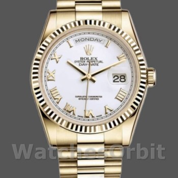 Replica Rolex Day-Date 118238 Gelbgold Weißes Zifferblatt Geriffelte Lünette 36mm Unisex Replica Uhr