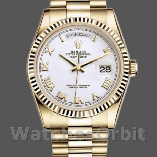 Replica Rolex Day-Date 118238 Gelbgold Weißes Zifferblatt Geriffelte Lünette 36mm Unisex Replica Uhr, Nachbau, Klassisches Design