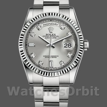 Replica Rolex Day-Date 118239 Silver Diamond Dial geriffelte Lünette 36mm Unisex Replica Uhr