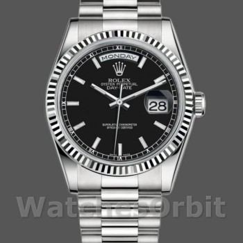 Replica Rolex Day-Date 118239 Weißgold Schwarzes Zifferblatt Geriffelte Lünette 36mm Unisex Replica Uhr