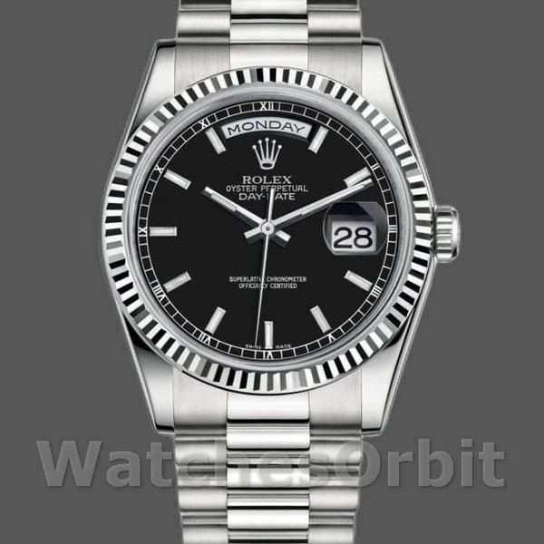 Replica Rolex Day-Date 118239 Weißgold Schwarzes Zifferblatt Geriffelte Lünette 36mm Unisex Replica Uhr, Replik, Elegantes Design