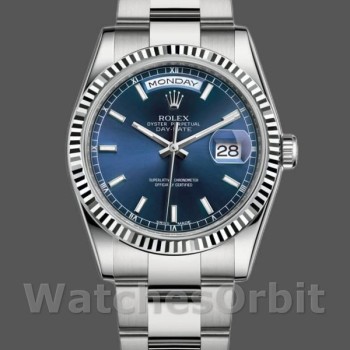 Replica Rolex Day-Date 118239 Weißgold Blaues Zifferblatt Geriffelte Lünette 36mm Unisex Replica Uhr
