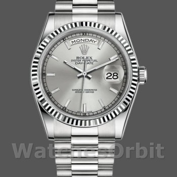 Replica Rolex Day-Date 118239 Weißgold Silber Zifferblatt Geriffelte Lünette 36mm Unisex Replica Uhr