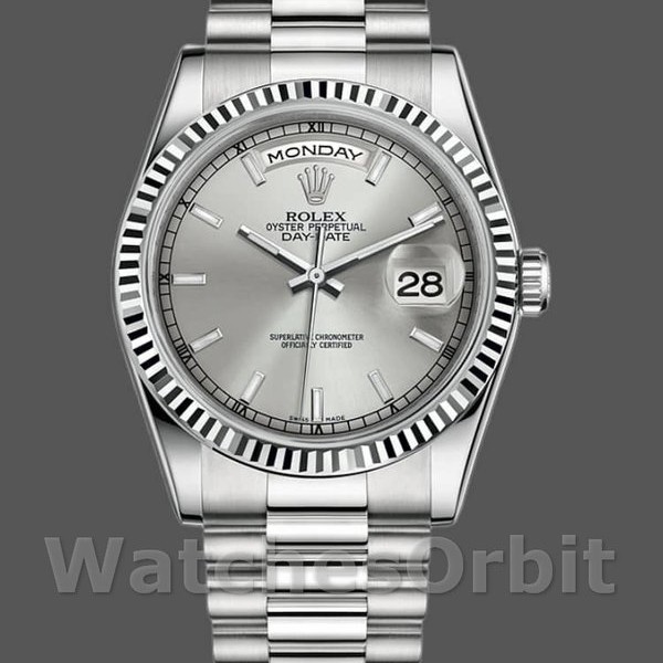 Replica Rolex Day-Date 118239 Weißgold Silber Zifferblatt Geriffelte Lünette 36mm Unisex Replica Uhr, Replica Uhren, Stilvolles Accessoire