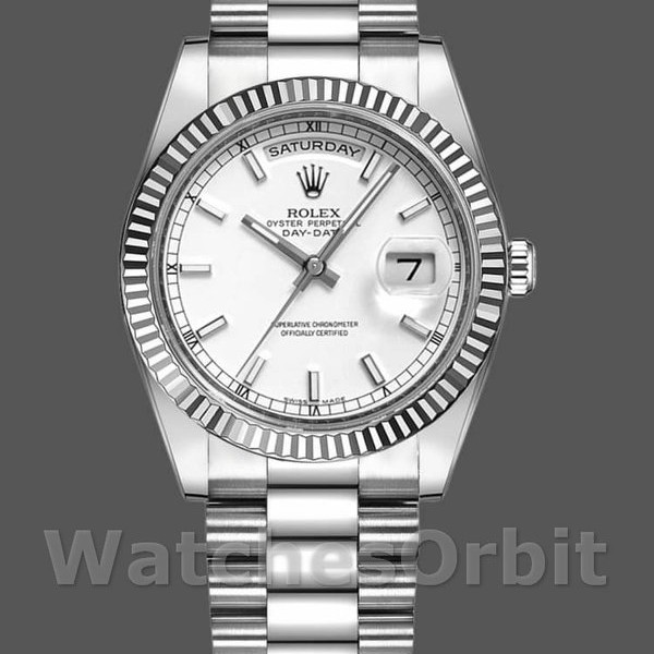 Replica Rolex Day-Date 118239 Weißgold Weißes Zifferblatt Geriffelte Lünette 36mm Unisex Replica Uhr, Nachbau, Exklusive Verarbeitung