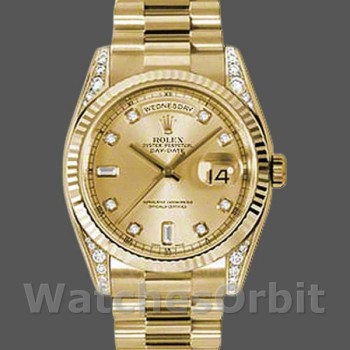 Replica Rolex Day-Date 118338 Gelbgold Champagner Diamanten Zifferblatt 36mm Unisex Replica Uhr