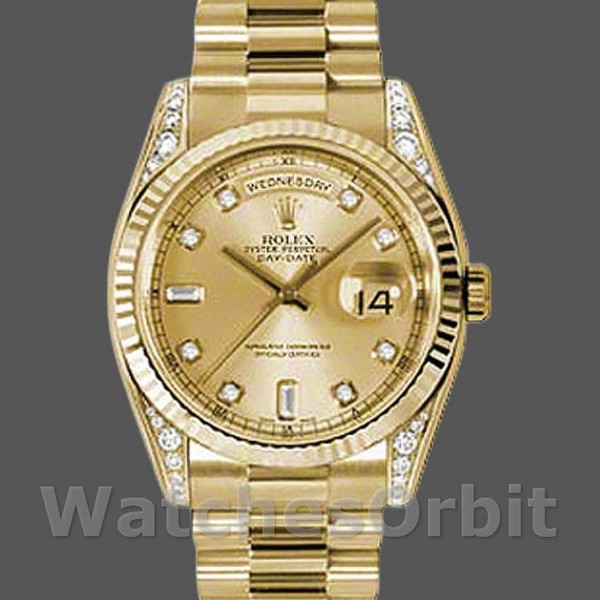Replica Rolex Day-Date 118338 Gelbgold Champagner Diamanten Zifferblatt 36mm Unisex Replica Uhr, Exakte Nachbildung, Edle Materialien