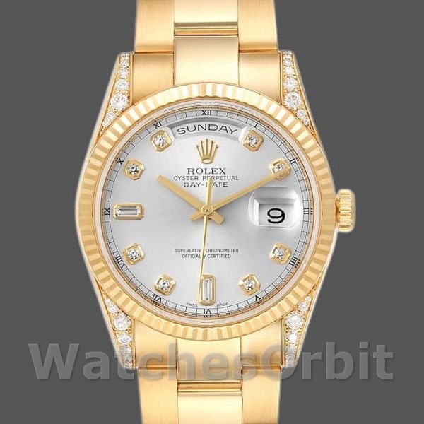 Replica Rolex Day-Date 118338 Gelbgold Silber Diamant Zifferblatt 36mm Unisex Replica Uhr, Replika Uhren, Edle Materialien