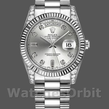 Replica Rolex Day Date 118339 Weißgold Silber Zifferblatt Geriffelte Lünette 36mm Unisex Replica Uhr
