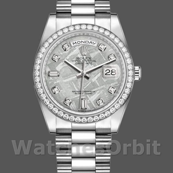 Replica Rolex Day Date 118346 Platinum Diamond Bezel Meteorite Dial 36mm Unisex Replica Uhr, Exakte Nachbildung, Luxuriöse Optik