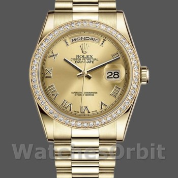 Replica Rolex Day Date 118348 Champagner Zifferblatt Gelbgold 36mm Unisex Replica Uhr