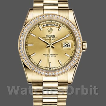 Replica Rolex Day Date 118348 Champagne Index Dial Gelbgold 36mm Unisex Replica Uhr