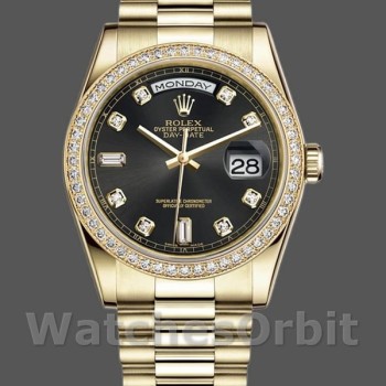 Replica Rolex Day Date 118348 Gelbgold Schwarzes Diamant Zifferblatt 36mm Unisex Uhren Replica Uhr