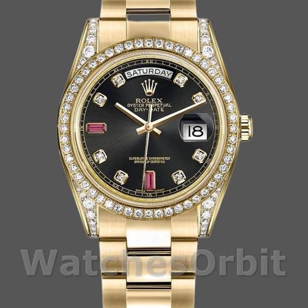 Replica Rolex Day-Date 118388 Black Diamond Rubies Dial 36mm Unisex Replica Uhr, Replik, Edle Materialien