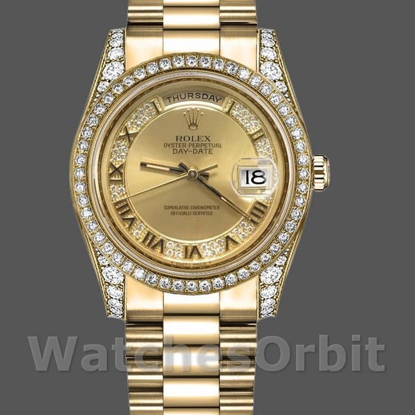 Replica Rolex Day-Date 118388 Champagner Diamant Zifferblatt Gelbgold 36MM Unisex Replica Uhr Hochwertige Nachbildung