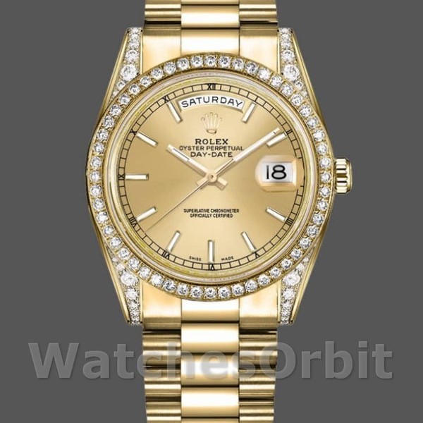 Replica Rolex Day-Date 118388 Diamond Bezel Champagne Index Dial 36MM Unisex Replica Uhr, Imitat, Exklusive Verarbeitung
