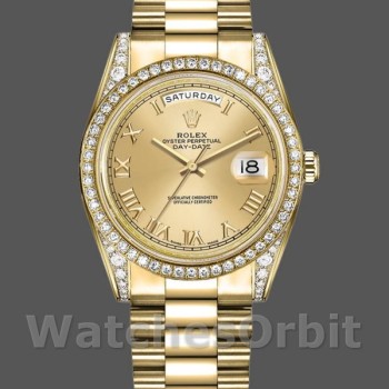 Replica Rolex Day-Date 118388 Diamond Bezel Champagne Roman Numeral Dial 36MM Unisex Replica Uhr