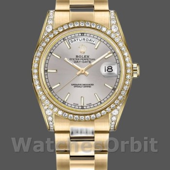 Replica Rolex Day-Date 118388 Diamond Bezel Silver Index Dial 36MM Unisex Replica Uhr