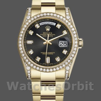 Replica Rolex Day-Date 118388 Gelbgold Schwarzes Diamant-Zifferblatt 36mm Unisex Replica Uhr