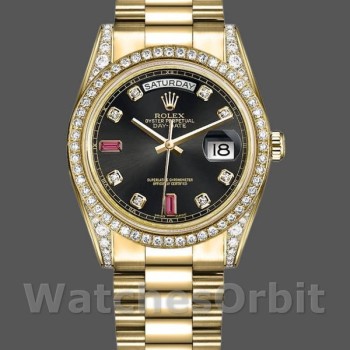 Replica Rolex Day-Date 118388 Gelbgold Schwarz Diamanten Rubine Zifferblatt 36mm Unisex Replica Uhr