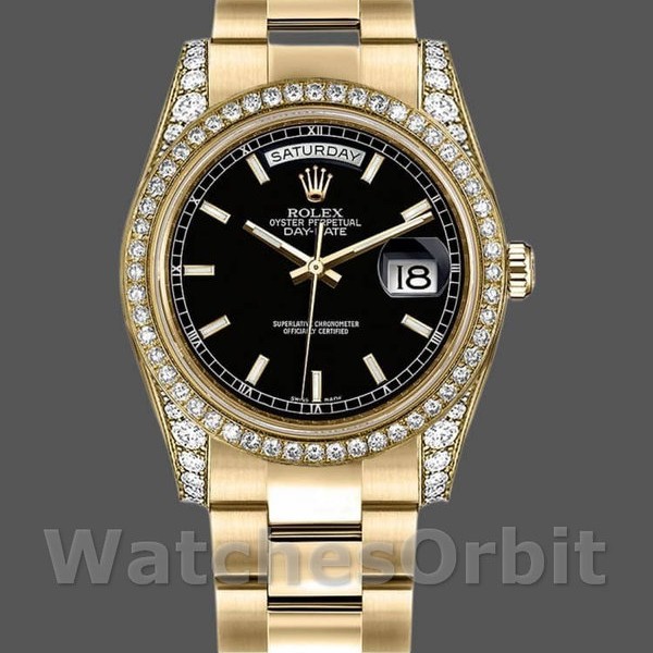 Replica Rolex Day-Date 118388 Gelbgold Schwarzes Index-Zifferblatt 36mm Unisex Replica Uhr, Replik, Präzise Verarbeitung