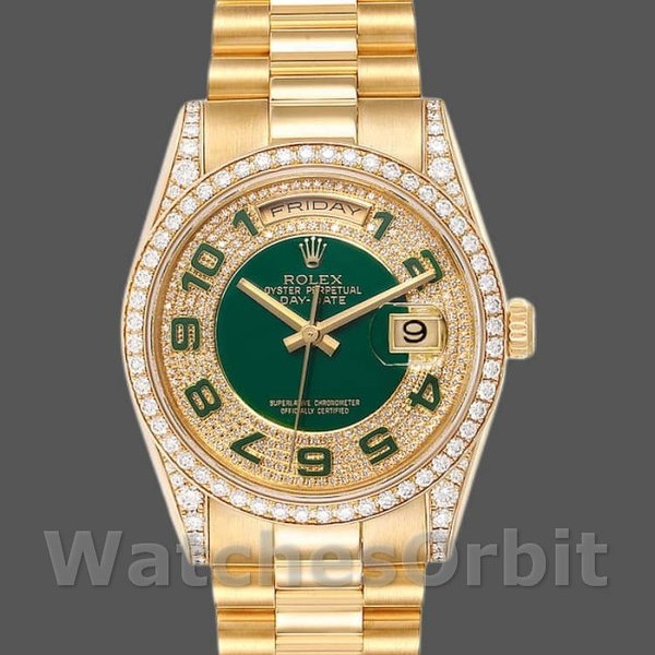Replica Rolex Day-Date 118388 Gelbgold Grünes Emaille Diamant Zifferblatt 36MM Unisex Replica Uhr Hochwertige Unisex Replica Uhr online kaufen