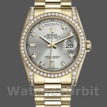 Replica Rolex Day-Date 118388 Gelbgold Silber Diamant Zifferblatt 36MM Unisex Replica Uhr