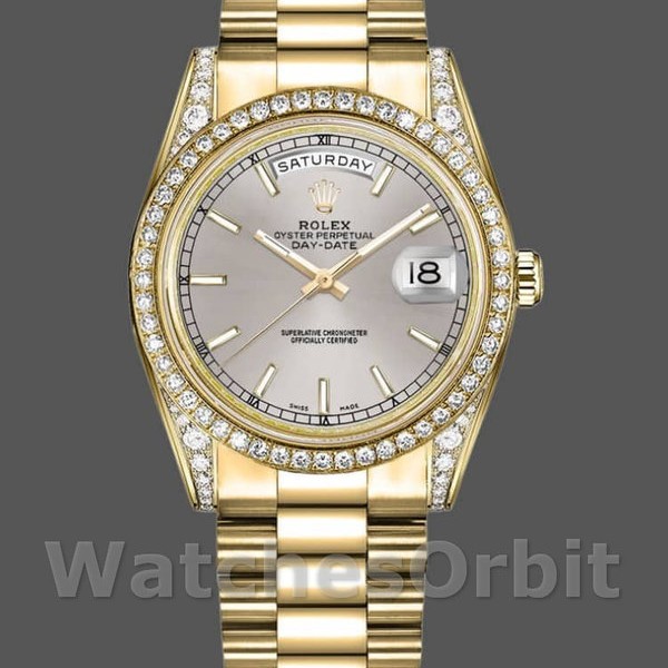 Replica Rolex Day-Date 118388 Gelbgold Silber Index Zifferblatt 36MM Unisex Replica Uhr, Exakte Nachbildung, Hochwertige Nachbildung