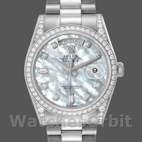 Replica Rolex Day-Date 118389 Diamond Bezel MOP White Dial 36MM Unisex Replica Uhr Stilvolles Accessoire