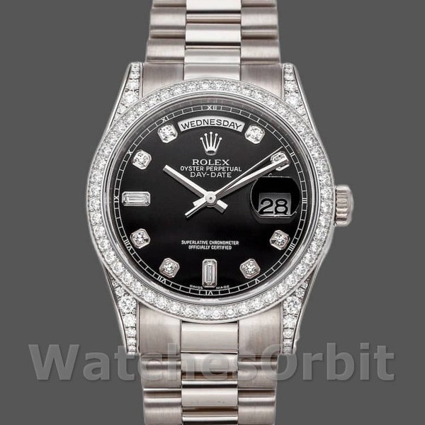 Replica Rolex Day-Date 118389 Weißgold Schwarzes Diamant-Zifferblatt 36MM Unisex Replica Uhr, Replik, Edle Materialien