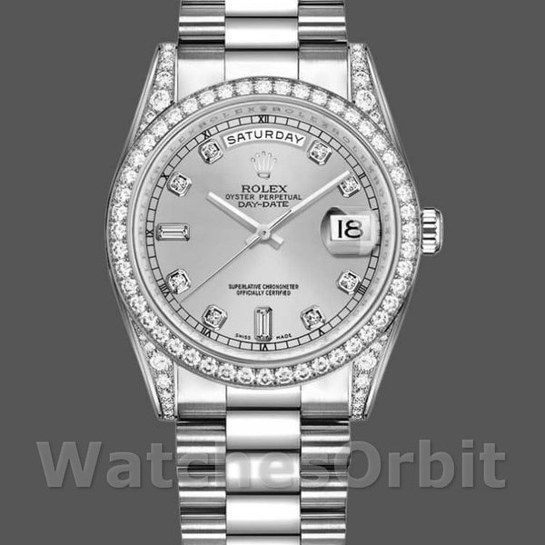 Replica Rolex Day-Date 118389 Weißgold Silber Diamant Zifferblatt 36MM Unisex Replica Uhr Luxuriöse Optik