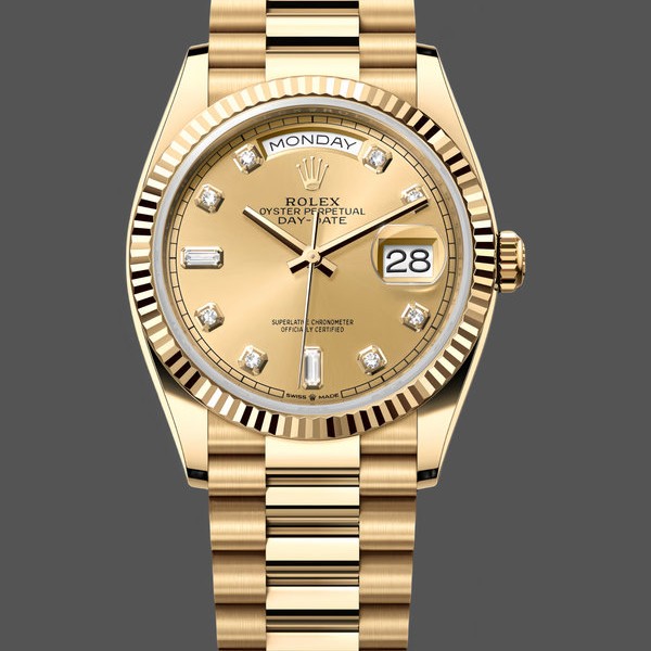 Replica Rolex Day-Date 128238 0008 Fluted Bezel Champagne Diamond Dial 36MM Unisex Replica Uhr Hochwertige Unisex Replica Uhr online kaufen