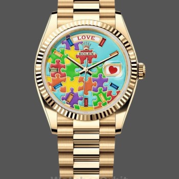 Replica Rolex Day Date 128238-0106 36mm Gelbgold geriffelte Lünette Emoji Puzzle Zifferblatt