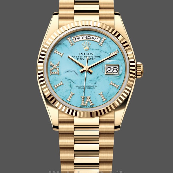 Replica Rolex Day-Date 128238 Fluted Bezel Turquoise Diamond Dial 36MM Unisex Replica Uhr Hochwertige Unisex Replica Uhr online kaufen