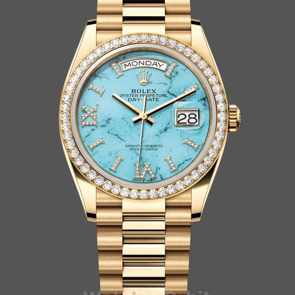 Replica Rolex Day-Date 128348RBR Turquoise Diamond Dial Gelbgold 36MM Unisex Replica Uhr Hochwertige Unisex Replica Uhr online kaufen