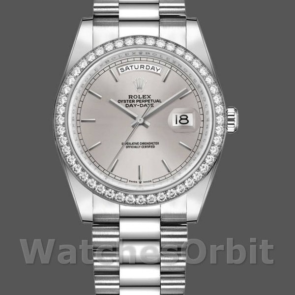 Replica Rolex Day-Date 128349RBR Silver Index Dial Diamond Bezel 36MM Unisex Replica Uhr Hochwertige Unisex Replica Uhr online kaufen