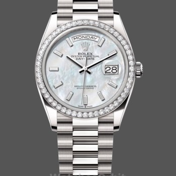 Replica Rolex Day-Date 128349RBR White Mother of Pearl Dial Diamond Bezel 36MM Lady Replica Uhr