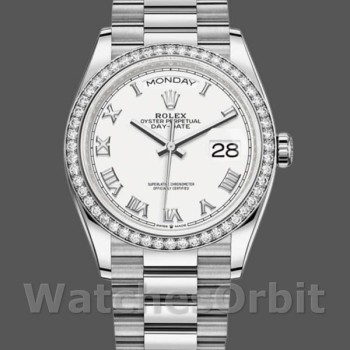 Replica Rolex Day-Date 128349RBR White Roman Dial Diamond Bezel 36MM Unisex Replica Uhr